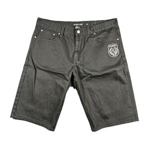 Red Ape Denim Shorts‎ Mens 38 Black Embroidered Crest Wave Stitch Pockets 13"
